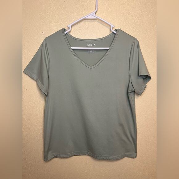 SHEIN Tops - V-Neck T-shirt Olive Green Short Sleeve